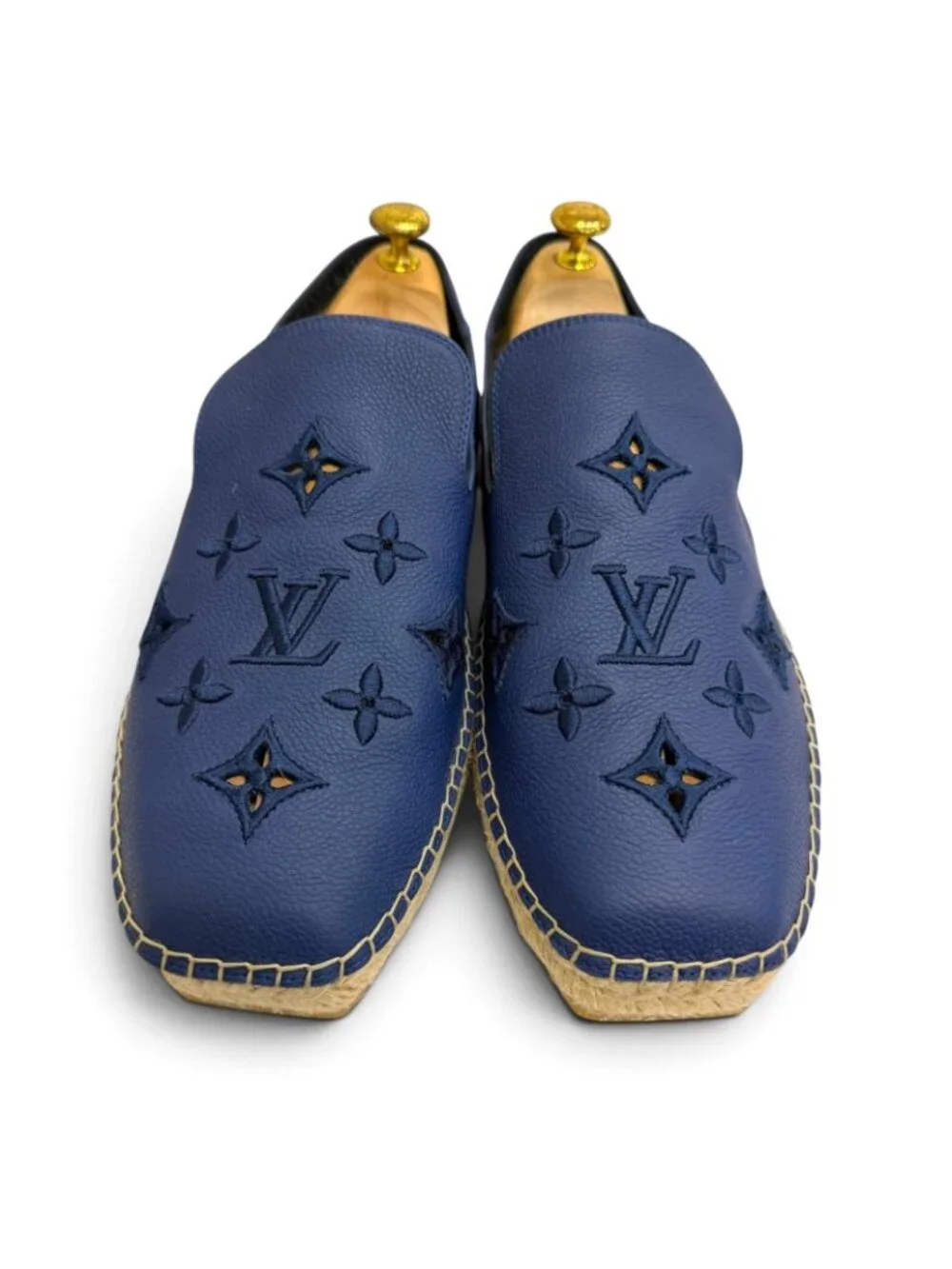 Louis Vuitton Leather Monogram Logo Embroidery Espadrilles Slip Ons Navy 8.5